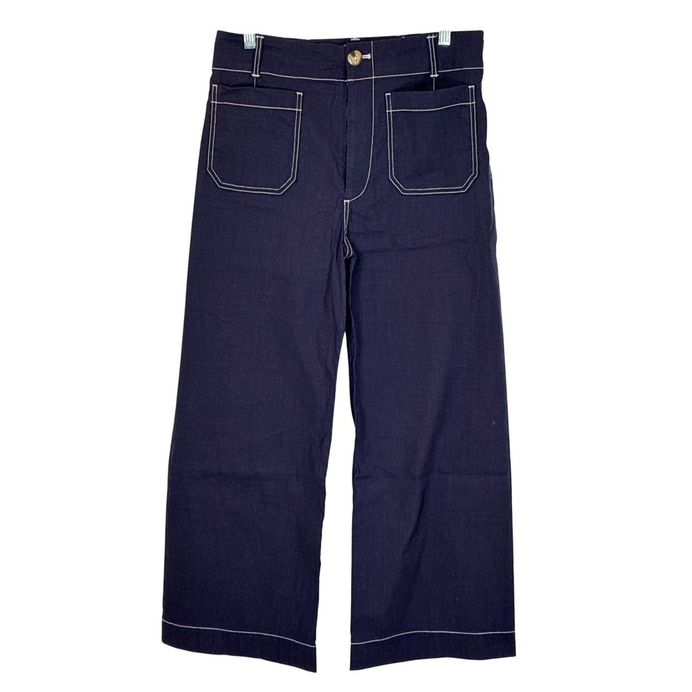 Anthropologie Maeve Colette Pants Navy Blue Wide Leg Linen Crop Ankle Size 30